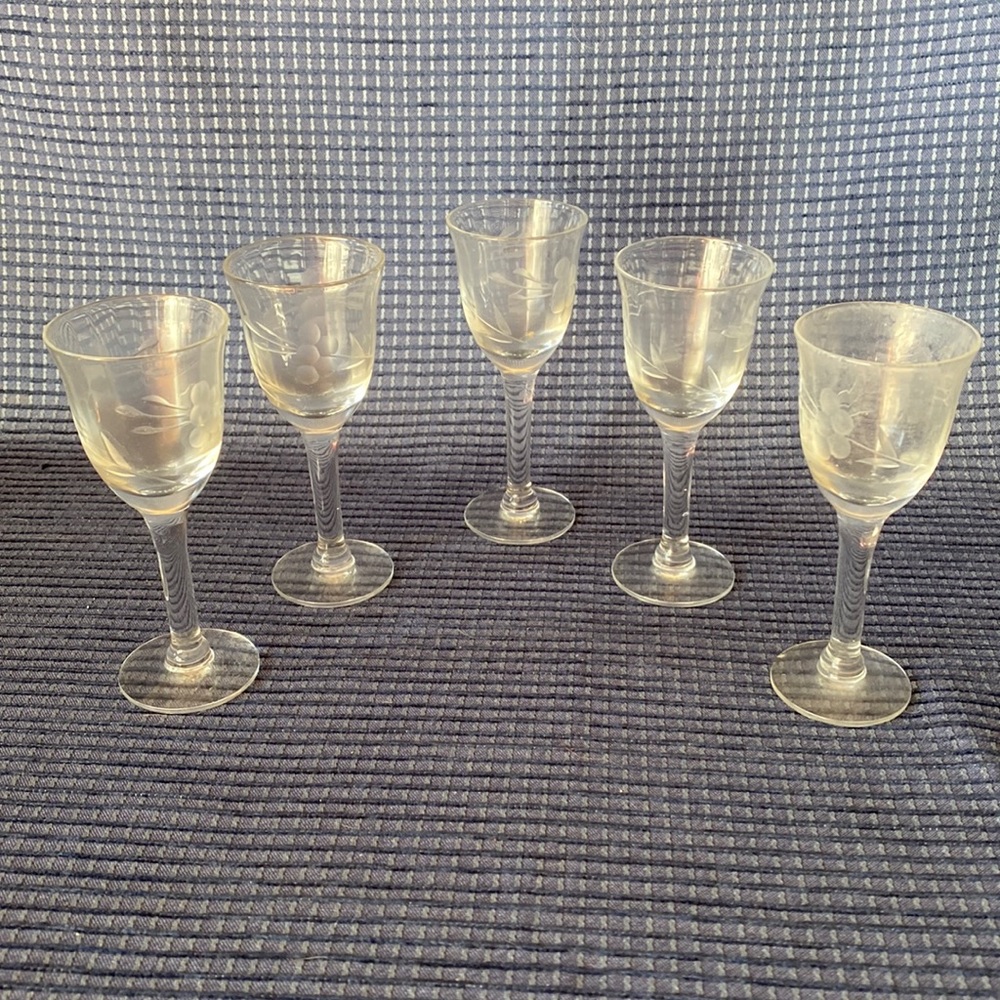 Set of 5 Antique Blown Cut Crystal Claret Wine Glasses